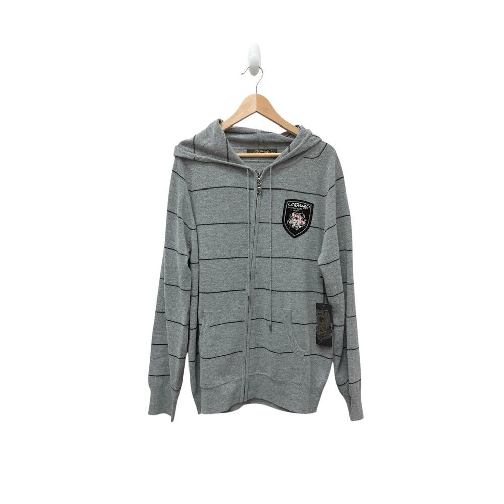 NWT Ed Hardy Mens Patch Knitted Striped Zip Up Hoodie Sweater Gray Size L